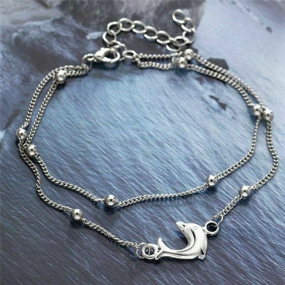 Silver Plated Dolphin layered Chain Ball Bead Ankle Bracelet Women's Party Gift - Picture 1 of 6